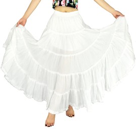 YSJERA Women's Cotton 5 Tiered A Line Pleated Maxi Skirt Long Boho Gypsy Dance Skirts (XL,Solid White)