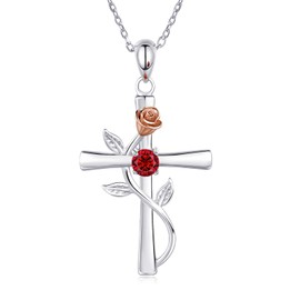 AM ANNIS MUNN Cross Necklace for Women, 925 Sterling Silver Birthstone Necklace for Women with Rose Flower Birthstone Jewelry Birthday Gifts for Women