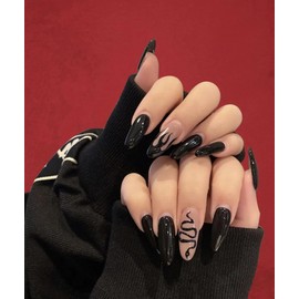 Quality False Nails 24pcs Minimalist Press On Nail incl. 1 sheet tape (Black & Nude Snake Oval)