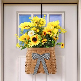 Dingion Sunflower Front Door Basket Hanging Summer Hanger Basket Wreath with Artificial Sunflowers and Green Leaves for DIY Front Door Windows Cabinets Walls Farmhouse Decorations