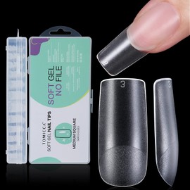 TOMICCA Long Square Sanded Nail Tips 15 Sizes Clear Tip Natural Fit Practice Salon Self Gel Nails