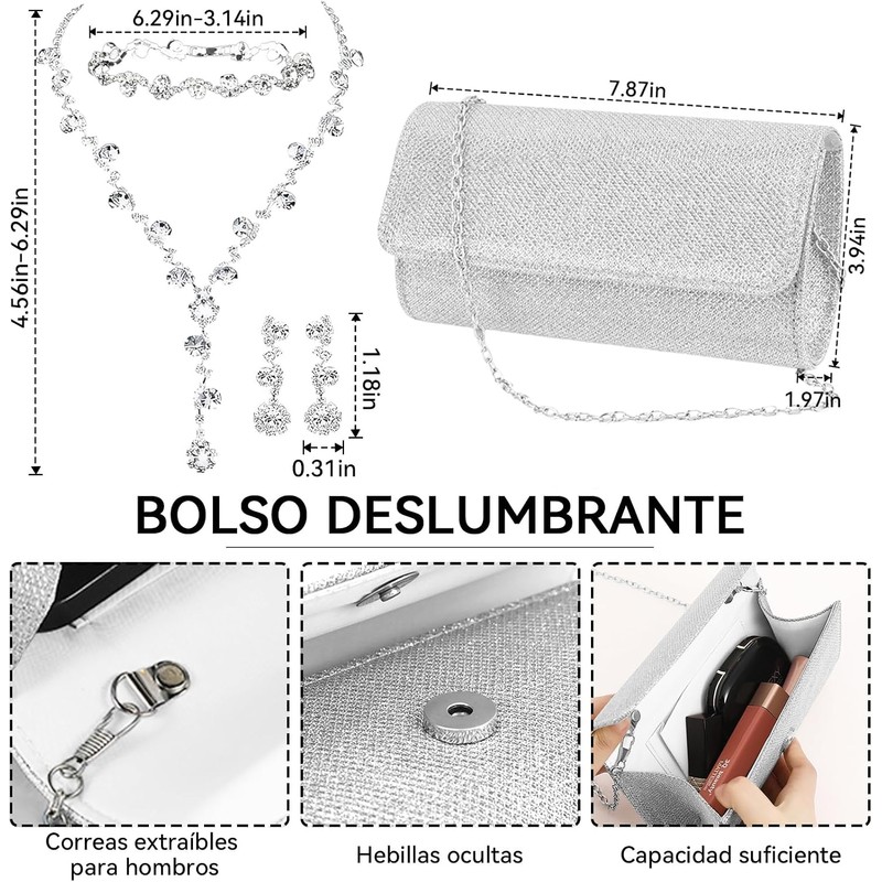 Conjuntos de joyería de Cristal, Embrague de Plata, Collar y