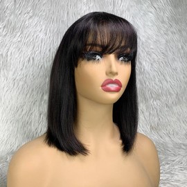 GZAmber Light Yaki Straight Bob Wig with Bangs Human Hair Realistic 1" X 2.5" Deep Lace Short Black Bob Wigs for Women (12 inch)