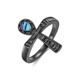 Black Ankh Ring 925 Sterling Silver Eye of Horus Abalone Shell Ring Egyptian Religious Pagan Ankh Jewellery Gifts for Women Men(8)