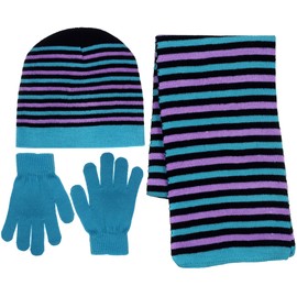 Girls 3 Piece Knit Hat, Scarf & Gloves Set Winter Accessories for Girls (Blue-Lavender-RL)