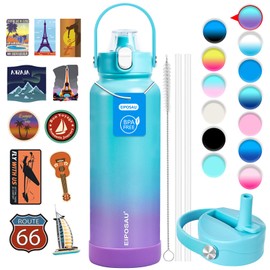 Insulated Water Bottle with Lid & Boot & Stickers, 40 oz Stainless Steel Sweat Free Bottle Keep Cold 24H, BPA-Free Sports Wide Mouth Water Bottle, CyanPurple