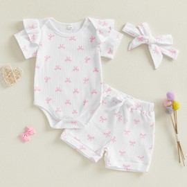 XIXIMAON Baby Girl Summer Outfits Ruffle Short Sleeve Crew Neck Romper Elastic Waist Shorts Headband 3pcs Bow Print Newborn Ribbed Cotton Clothes (White, 6-12 Months)