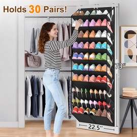 UVIAHOMI 20-30 Pairs Over the Door Shoe Organizer, Clear Pockets Hanging Shoe Storage for Closet, 10-Tier Door Shoes Rack, Handing Shoes Holder Fit All the Family's Sneakers, Boots, Heels, Black
