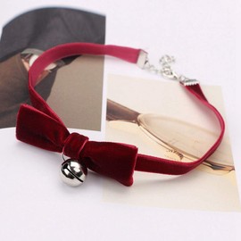 Vintage Lolita Cosplay Gothic Black Red Velvet Bow Bell Pearl Choker Necklace for Women