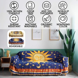 FN Sun and Moon Stars Hippie Throw Blanket Celestial Tapestry Double-Sided Reversible Woven Cotton Home Decor Chair Bedding Couch Recliner Cover Loveseat Oversized Tassels Blue Yellow (91x71)