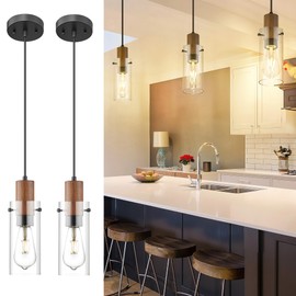 Emak 2 Pack Mini Black Pendant Light Fixtures, Modern Farmhouse Pendant Lights with Clear Glass Shade, 1-Light Hanging Light for Bedroom, Kitchen Island, Bathroom, Wood Grain Painted, PL120-BKL-2PK