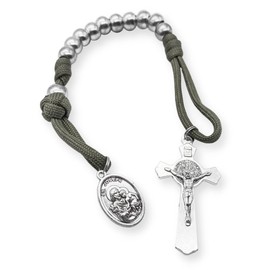 Nazareth Store Olive Military One Decade Paracord Rosary Silver Beads Pocket Car Rosary Pray For Us St. Joseph Medal & St. Benedict Cross, S, Stone, glass