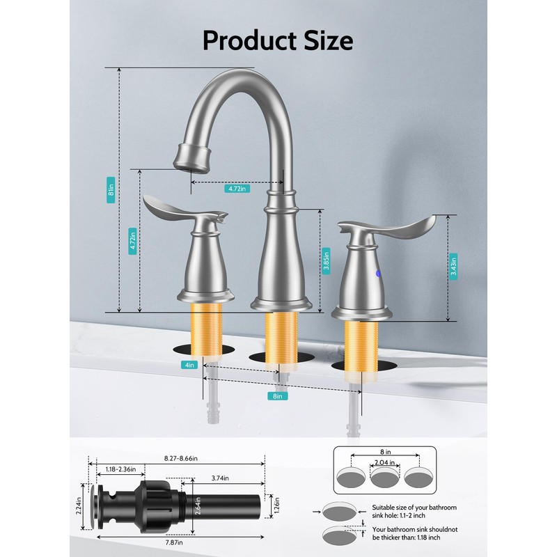 Kicimpro 3 Hole Bathroom Faucet with Pop -Up Drain for