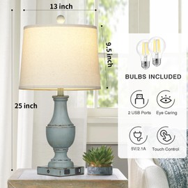 Farmhouse Table Lamps Set of 2, Rustic Touch Control Bedside Lamps with 2 USB Ports & AC Outlet, Vintage 3-Way Dimmable Nightstand Lamp Linen Fabric Shade for Living Room Bedroom End Table Decor Blue