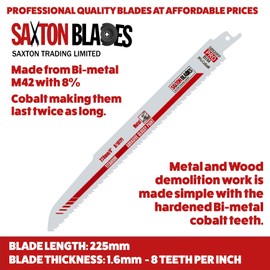 Saxton 225mm Professional Range Bi-Metal 8% Cobalt Reciprocating Saw Blade Wood Metal Plastic Heavy Duty Demolition – SB920FP – Pack of 5