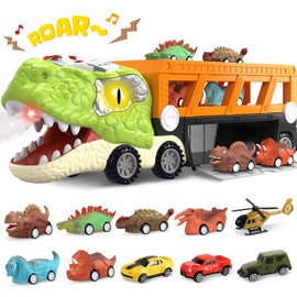 SpringFlower 11 in 1 Dinosaur Toys, Dinosaur Toys for Kids 3-5, Dinosaur Truck with 10 Pull Back Cars, Toddler Boy Toys Age 3 4 5, Boy Birthday Gifts with Sounds & Lights & Spray