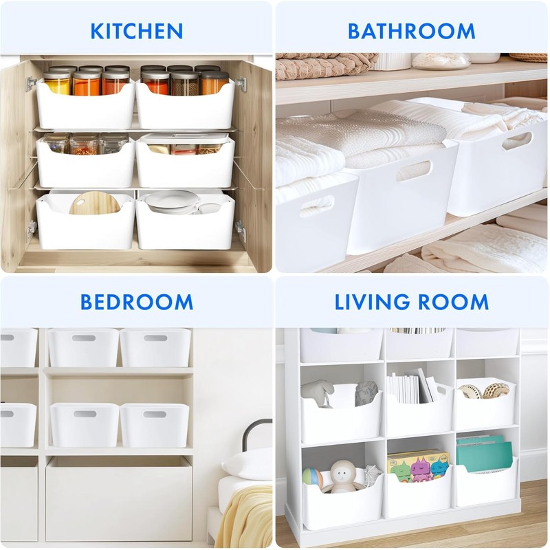 Small- 8 Pack White Plastic Storage Bins for Shelves, Closet