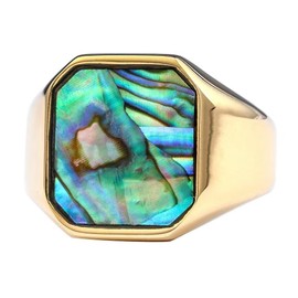 Renning Abalone Shell Signet Rings for Men Women Stainless Steel Ring Wedding Band Comfort Fit Size 7-13
