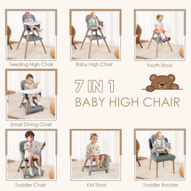 7 in 1 Baby High Chair for Babies and Toddlers with Large Storage Footrest, Booster Seat, Convertible Wooden High Chair with 3-Tier Removable Dishwasher Safe Tray, 5 Point Harness, Gray