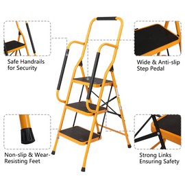 Vasitelan 3 Step Ladder with Handrails, Folding Step Stool Portable Steel Ladder for Home Kitchen Pantry Office