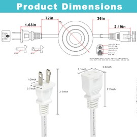 9FT 2 Prong Power Cord with Foot Switch - Replacement White Flat Polarized Short US AC Power Extension Cord with Cover, 13A/125V 16AWF 2-Prong Male to Female Outlet Saver Power Cord for Desktop Lamp