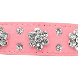 haoyueer Rhinestone Dog Collar, Cute Flower Rhinestone Cat Dog Collar Bling Collar PU Leather Collar Adjustable Sizes Small Medium Large(Pink,S)