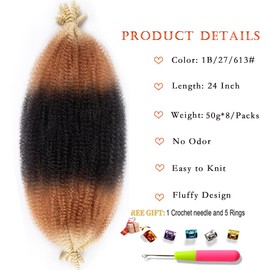 24 Inch Pre-Separated Springy Afro Twist Hair 8 Packs Black Pre-Fluffy Natural Curls are Perfect for Marley Crochet Hair Suitable for Black Women (1b / 27/613, 24 Inch (Pack of 8))