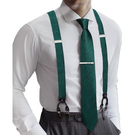 Barry.Wang Men Suspender Set with Necktie Elastic Y Type Heavy Duty 6 Clips Braces Designer Gift (Dark Green)