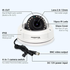 WESTSHINE Dome Security Analog Camera 5MP 4-in-1 Hybrid HD TVI/CVI/AHD/CVBS Surveillance Dome CCTV Cameras 2.8-12 mm Manually Varifocal Lens Vandal Proof 45ft Night Vision Security Wired BNC Camera