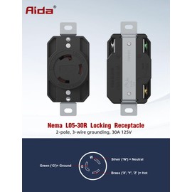 AIDA NEMA L5-30R Locking Receptacle, 30 Amp, 125 Volt, 2-Pole, 3-Wire, Grounding Heavy Duty Turnlok Single Twist-Lock Receptacle Generator, Side Wire, Industrial Grade, UL Listed