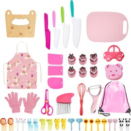 44 PCs Kids Knife for Real Cooking, Hombae Toddler Cooking Set Safety Wooden Plastic Knives Cutting Board Bread Fruit Fork Crinkle Cutter Peeler Scissor Cream Scraper Egg Beater Glove Apron Bag Pink