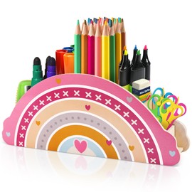 PAMIYO Desk Organiser Rainbow Pen Holder Children's Desk Office Organiser Wooden Pens Organiser Pen Holder Suitable for Children's Pen Box and Classroom Organisation