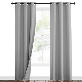 NICETOWN 3-in-1 Dampen Noise Blackout Thermal Reducing Curtains, Heavy Full Light Shading Drapes with Detachable Liner for Villa/Hall/Dorm Window（Silver Grey, Package of 2, 52" Wide x 90" Long