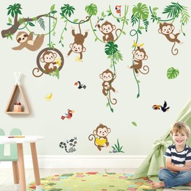 decalmile Monkey Climbing Tree Wall Decals Jungle Animals Tree Branch Sloth Wall Stickers Living Room Baby Nursery Kids Room Wall Decor