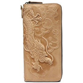 Berkut 2024 Dragon Genuine Leather Long Wallet, Dragon with Round Zipper, Gift Box Included, natural