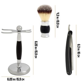 Union Razors SS5 Black Three Piece Straight Shave Kit with Razor, Brush and Stand with Wood Handles