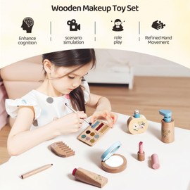 Wooden Makeup Toy Set for Toddler 18 Pcs Pretend Playset Wood Beauty Salon Toys for Toddlers Wooden Skincare Toys Gift for Girls 3 4 5 6 Fun Role Playing Game