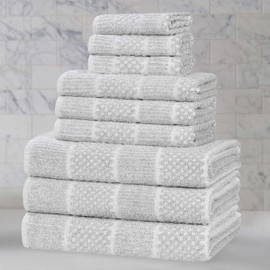 Superior Naples Viscose Cotton Blend Medium Weight Towels, for Bathroom, Shower, Spa, Plush, Quick Dry, Ultra-Soft Towels, Bath Essentials, Ribbed Design, 9 Piece Assorted Towel Set, Platinum