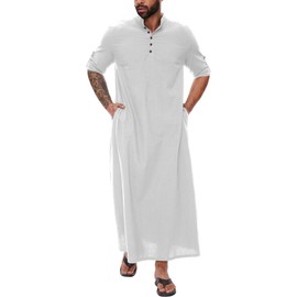 YAOHUOLE Muslim Thobe for Men Button down Muslim Men Long Sleeve Thobe Men Caftan White XL