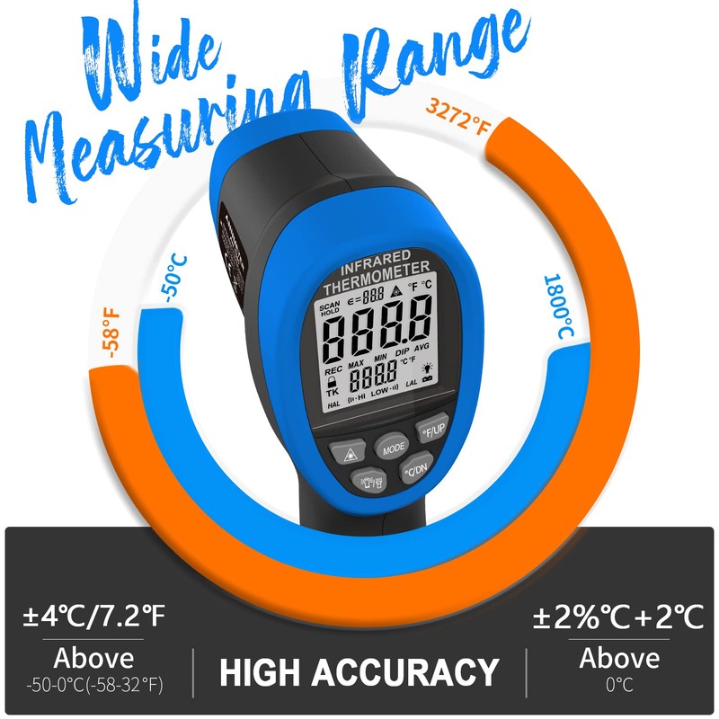 AIOMEST AI-1800 Digital Pyrometer DS 50:1, Touchless Infrared Thermometer Gun
