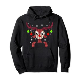 Christmas Reindeer With Christmas Lights Plaid Xmas Costume Pullover Hoodie