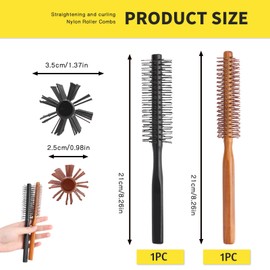 Pack of 2 round brushes, beard, hair brush, round, round brush, small, handle made of natural wood, nylon bristle, suitable for hair and beards, for daily styling and blow drying (3.5 x 21 cm, 2.5 x