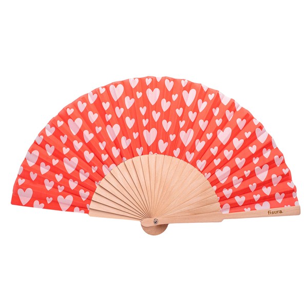 Fisura - Original Handheld Folding Fan with print. Colourful wooden fan. Original holding Hand Fans. Birthday Gifts Wedding Party Decoration. (Hearts, red)
