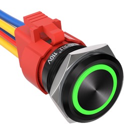 APIELE 110V-220V 22mm Latching Push Button Switch 15A Angel Eye LED Waterproof Aluminum Alloy Round Self-Locking 7/8'' 1NO 1NC 1 Pack (Black Shell-Green, 22MM)