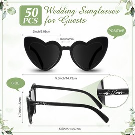 Saysurey 50 Sets Wedding Favors for Guests Sunglasses Wedding Party Gifts Wooden Love Sign Black Heart Glasses Mr & Mrs Sunglasses with Thank You Cards and Hemp Rope