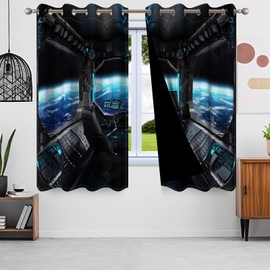 Renaiss Spacecraft Interior Window Curtains Futuristic Spaceship Cockpit Window Treatments Outer Space Earth View Blackout Drapes for Bedroom Living Room French Door Decor 53x84 Inches x 2 Panels