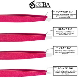 OCBA 4 Pcs Pink Tweezers for Facial Hair Women & Men for Precise Grooming of Eyebrows - Professional Stainless Steel Black Color Coated Eyebrow Tweezers for Ingrown Hair on Nose Ear (Pink)