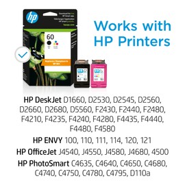 HP HP 60 Black/Tri-color Ink Cartridges Combo Pack, Works with DeskJet D1660, D2500, D2600, D5560, F2400, F4200, F4400, F4580; ENVY 100, 110, 120; PhotoSmart C4600, C4700, D110a Series | N9H63FN