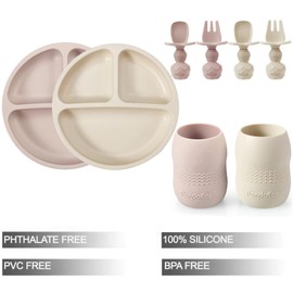 PandaEar Silicone Baby Feeding Set, 2 Pack - Divided Suction Plate, 2 Tiny Cup with Spoons, BPA Free, Light Tan/Pink