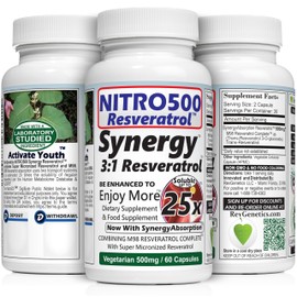 Nitro Synergy Resveratrol (Nitro500) with Up to 25x Solubility - 60 Vegetarian Capsules - 30 Servings - 500 mg per Serving